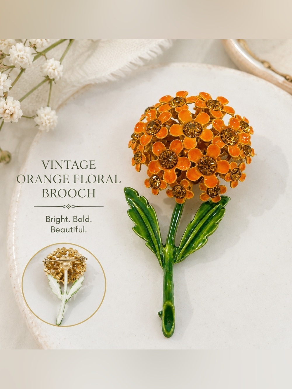 Vintage Orange Floral Enamel Rhinestone Brooch Pin Retro Flower Bouquet